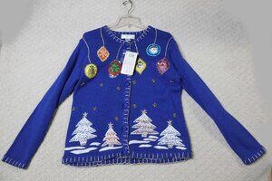 NWT Lisa International Vintage Ugly Christmas Sweater Cardigan Beaded Size S